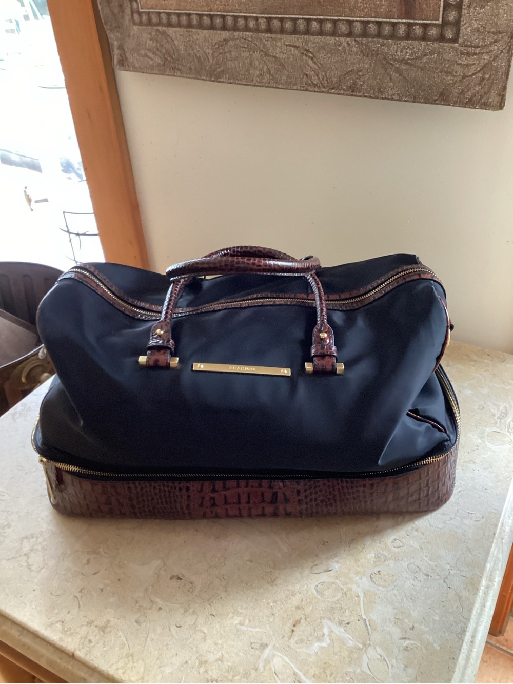 Brahmin Black Duffel with Brown Croc-Texture Trim